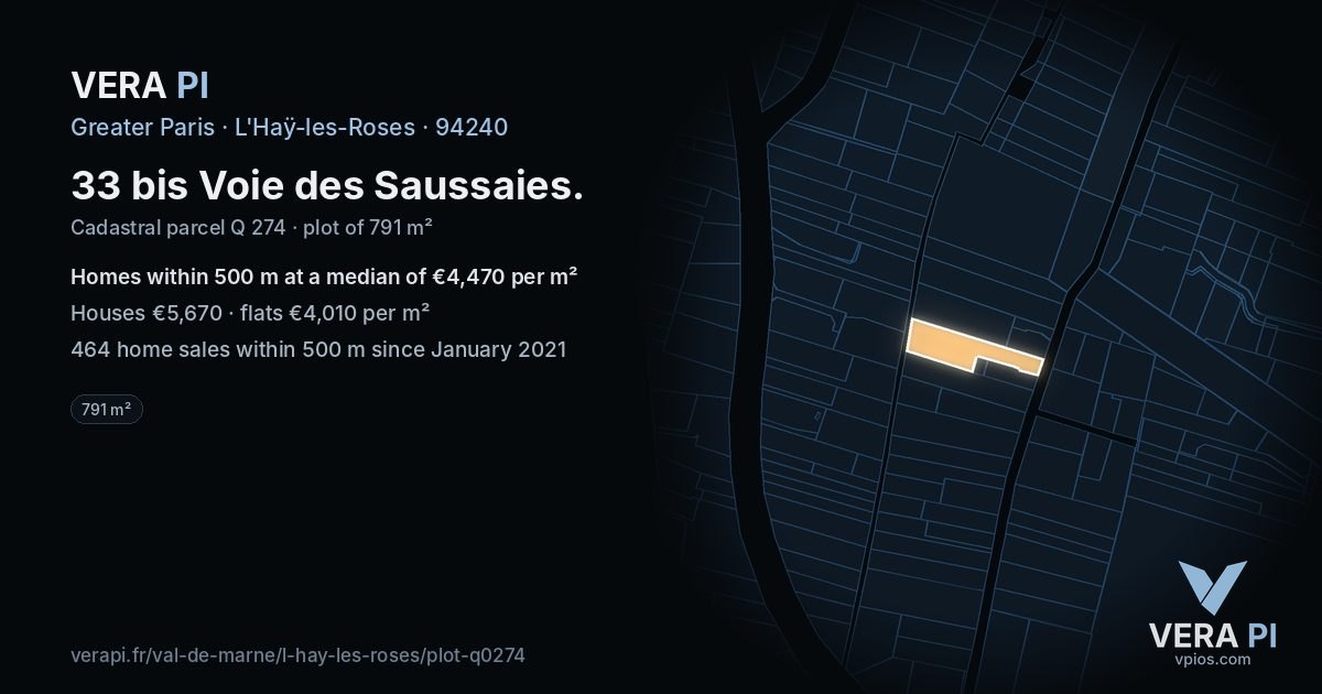 33 bis Voie des Saussaies, L'Haÿ-les-Roses at night – the plot lit, the parcels around coloured by the prices near them