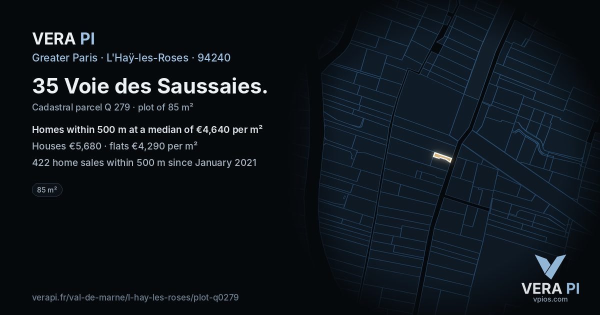 35 Voie des Saussaies, L'Haÿ-les-Roses at night – the plot lit, the parcels around coloured by the prices near them