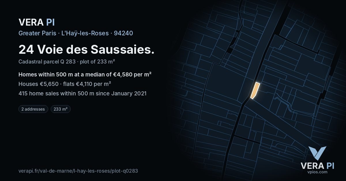 24 Voie des Saussaies, L'Haÿ-les-Roses at night – the plot lit, the parcels around coloured by the prices near them