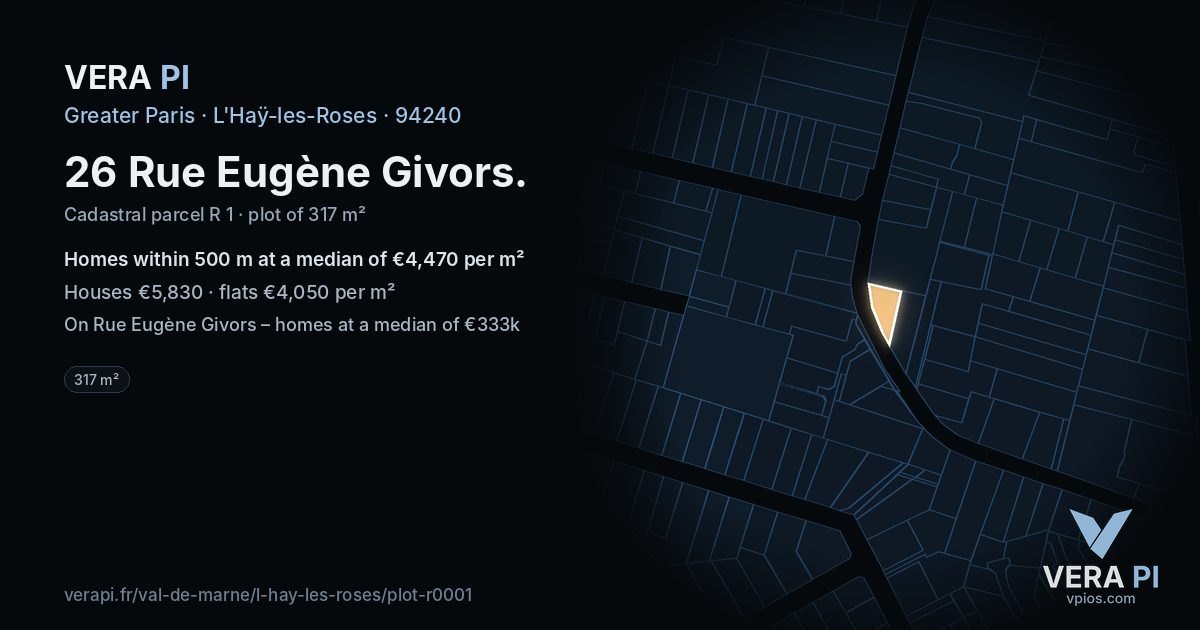 26 Rue Eugène Givors, L'Haÿ-les-Roses at night – the plot lit, the parcels around coloured by the prices near them