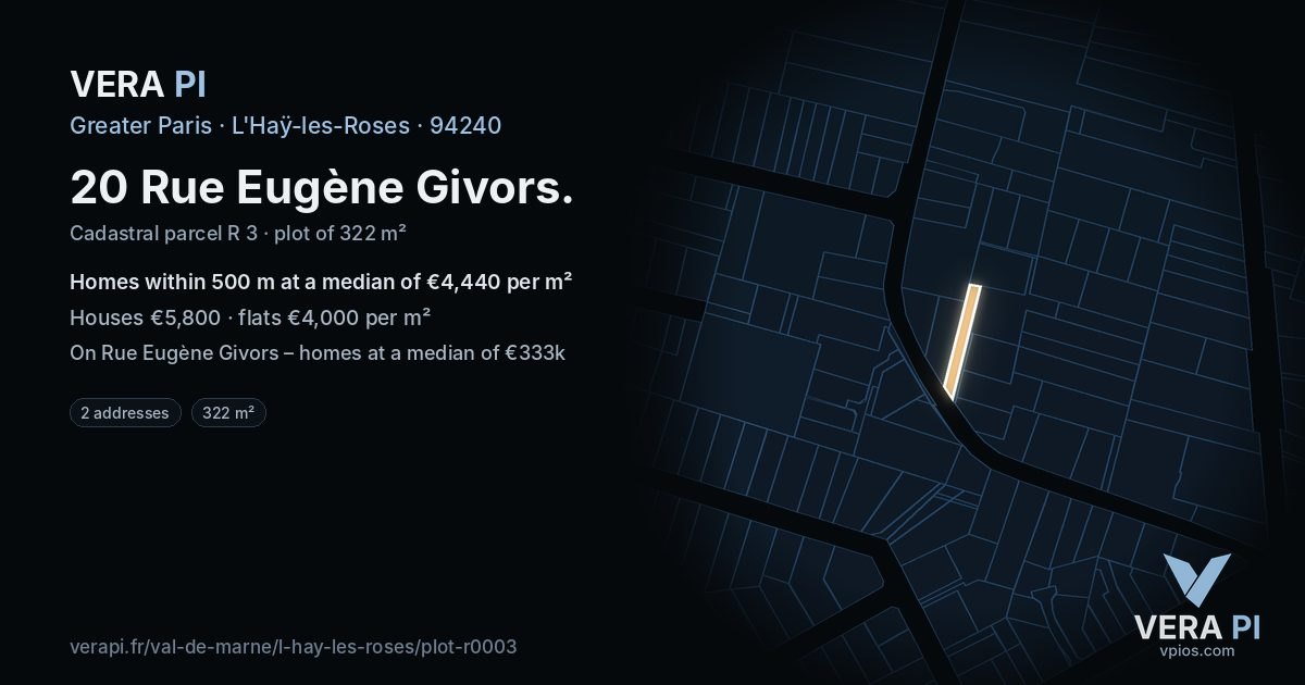 20 Rue Eugène Givors, L'Haÿ-les-Roses at night – the plot lit, the parcels around coloured by the prices near them