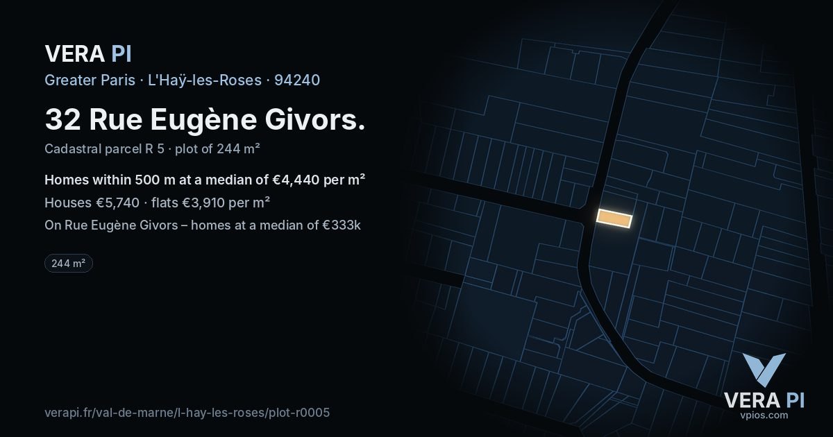 32 Rue Eugène Givors, L'Haÿ-les-Roses at night – the plot lit, the parcels around coloured by the prices near them