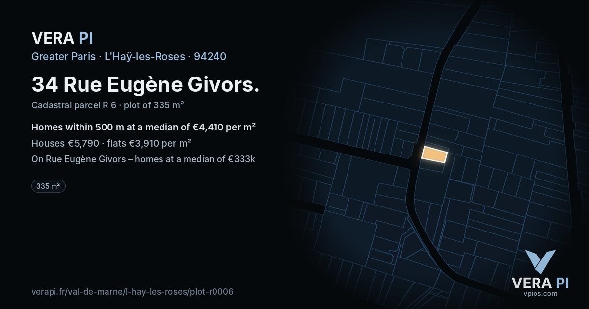 34 Rue Eugène Givors, L'Haÿ-les-Roses at night – the plot lit, the parcels around coloured by the prices near them