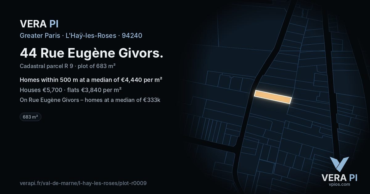 44 Rue Eugène Givors, L'Haÿ-les-Roses at night – the plot lit, the parcels around coloured by the prices near them
