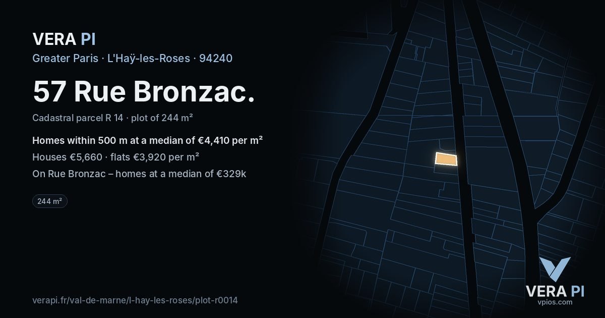 57 Rue Bronzac, L'Haÿ-les-Roses at night – the plot lit, the parcels around coloured by the prices near them