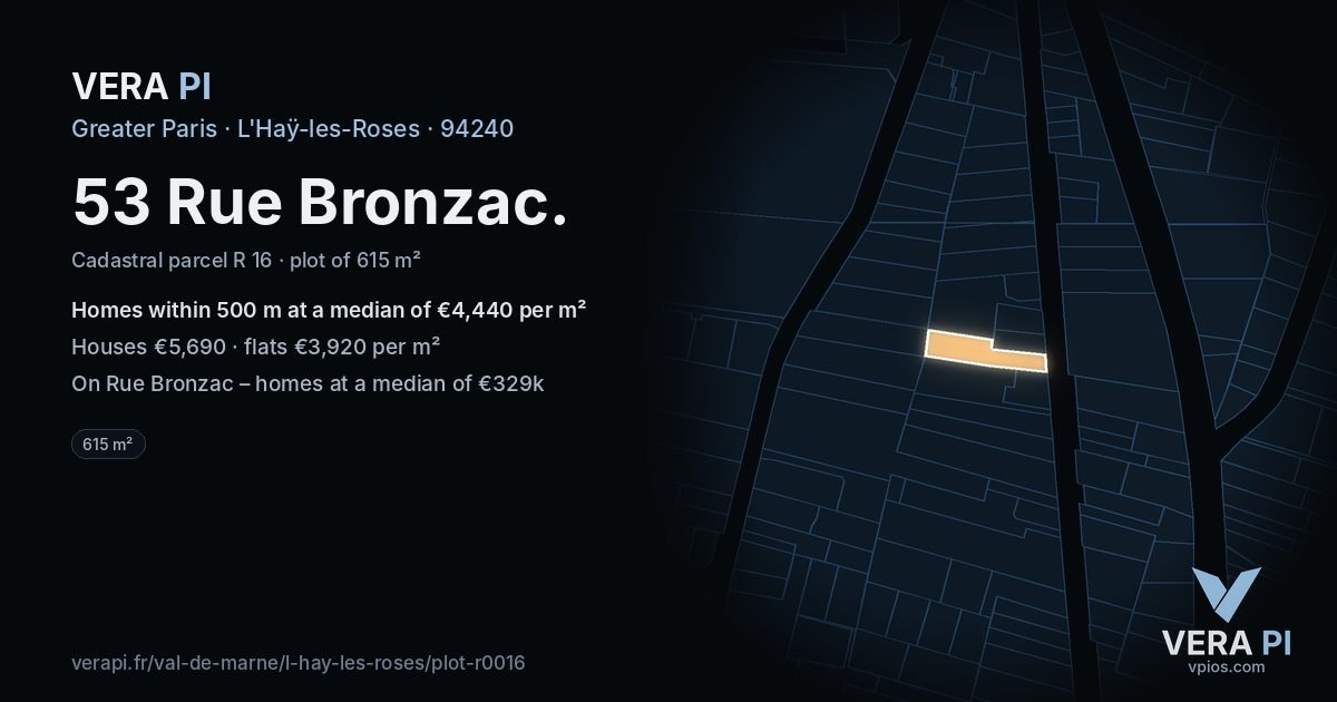 53 Rue Bronzac, L'Haÿ-les-Roses at night – the plot lit, the parcels around coloured by the prices near them