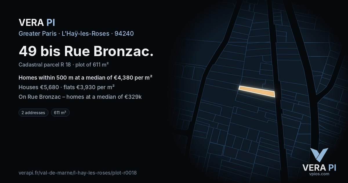 49 bis Rue Bronzac, L'Haÿ-les-Roses at night – the plot lit, the parcels around coloured by the prices near them