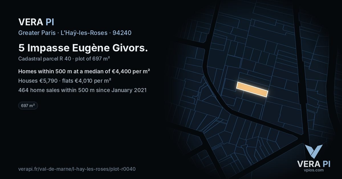 5 Impasse Eugène Givors, L'Haÿ-les-Roses at night – the plot lit, the parcels around coloured by the prices near them