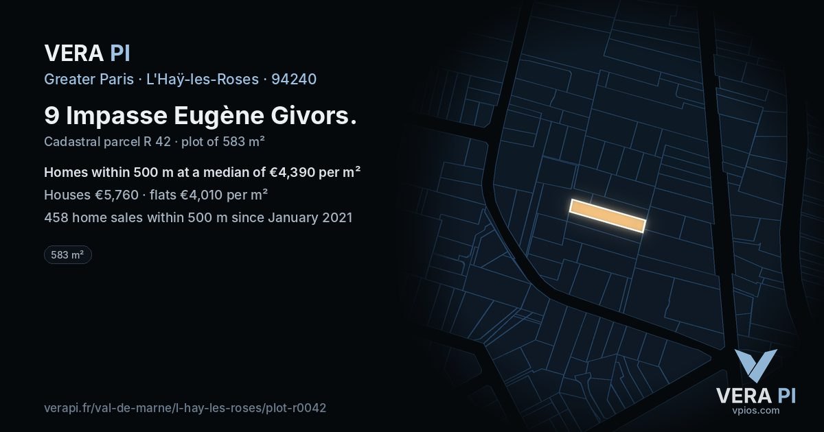 9 Impasse Eugène Givors, L'Haÿ-les-Roses at night – the plot lit, the parcels around coloured by the prices near them