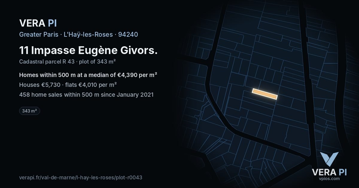 11 Impasse Eugène Givors, L'Haÿ-les-Roses at night – the plot lit, the parcels around coloured by the prices near them