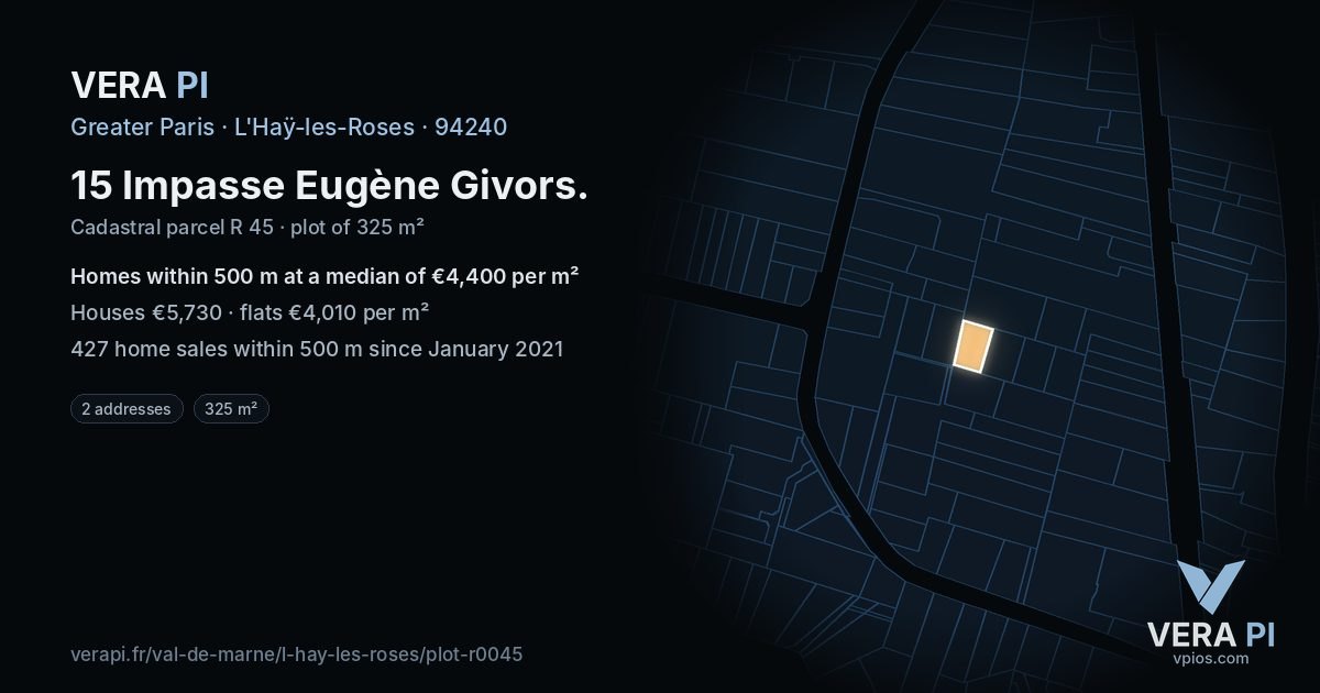 15 Impasse Eugène Givors, L'Haÿ-les-Roses at night – the plot lit, the parcels around coloured by the prices near them