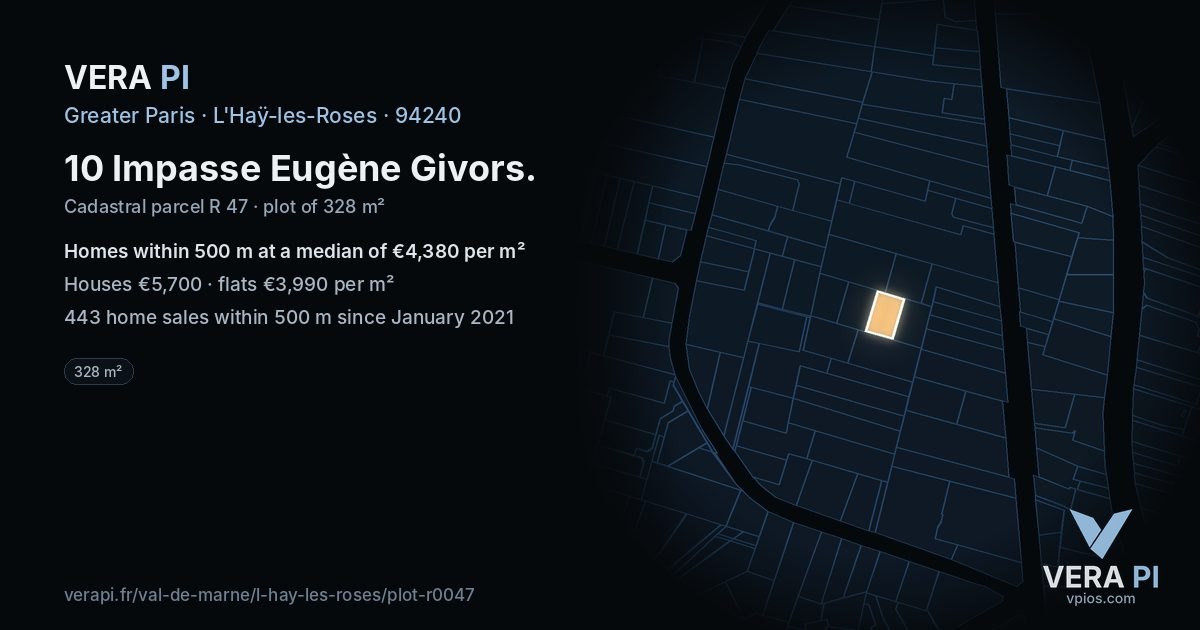 10 Impasse Eugène Givors, L'Haÿ-les-Roses at night – the plot lit, the parcels around coloured by the prices near them