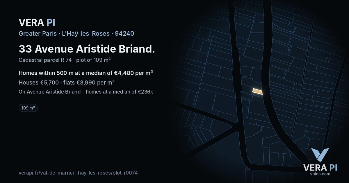 33 Avenue Aristide Briand, L'Haÿ-les-Roses at night – the plot lit, the parcels around coloured by the prices near them