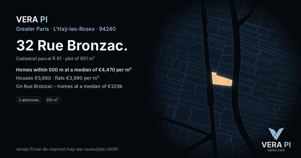 32 Rue Bronzac, L'Haÿ-les-Roses at night – the plot lit, the parcels around coloured by the prices near them