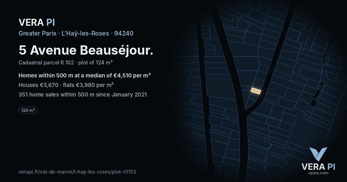 5 Avenue Beauséjour, L'Haÿ-les-Roses at night – the plot lit, the parcels around coloured by the prices near them