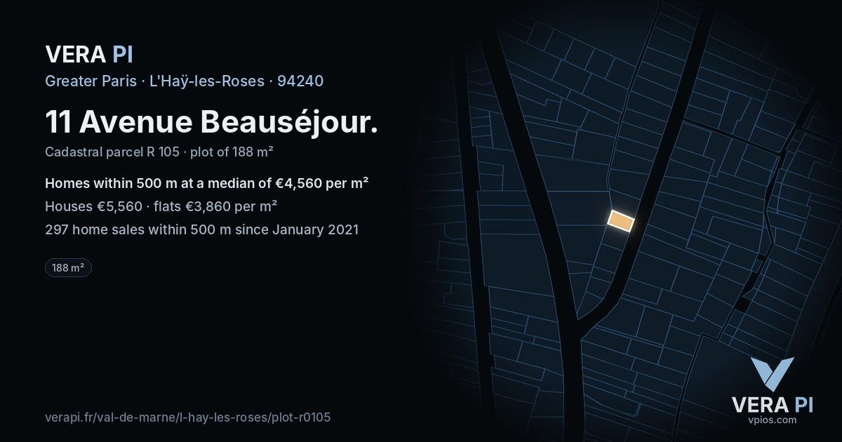 11 Avenue Beauséjour, L'Haÿ-les-Roses at night – the plot lit, the parcels around coloured by the prices near them