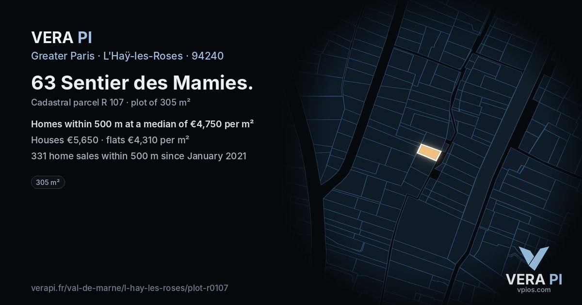 63 Sentier des Mamies, L'Haÿ-les-Roses at night – the plot lit, the parcels around coloured by the prices near them