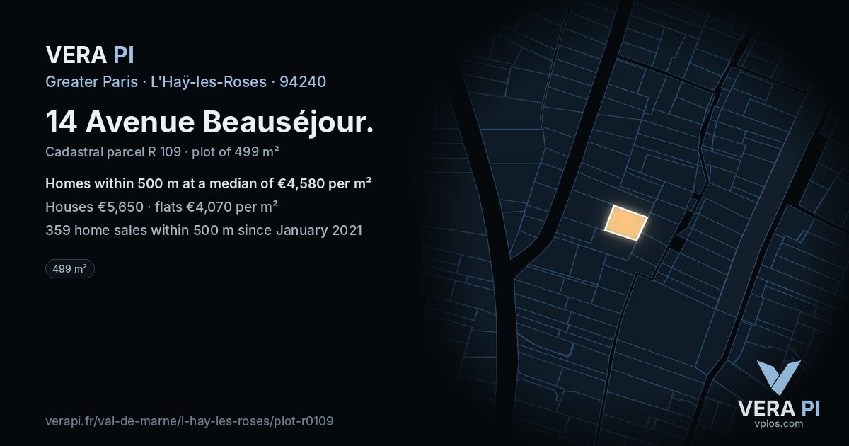 14 Avenue Beauséjour, L'Haÿ-les-Roses at night – the plot lit, the parcels around coloured by the prices near them