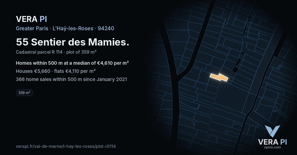 55 Sentier des Mamies, L'Haÿ-les-Roses at night – the plot lit, the parcels around coloured by the prices near them