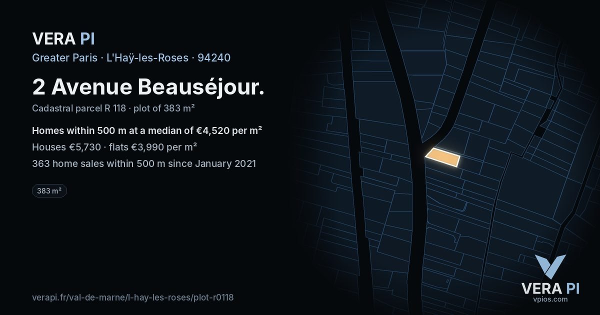 2 Avenue Beauséjour, L'Haÿ-les-Roses at night – the plot lit, the parcels around coloured by the prices near them