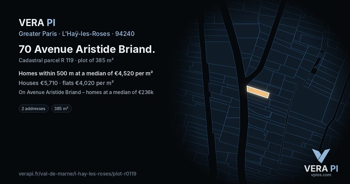 70 Avenue Aristide Briand, L'Haÿ-les-Roses at night – the plot lit, the parcels around coloured by the prices near them