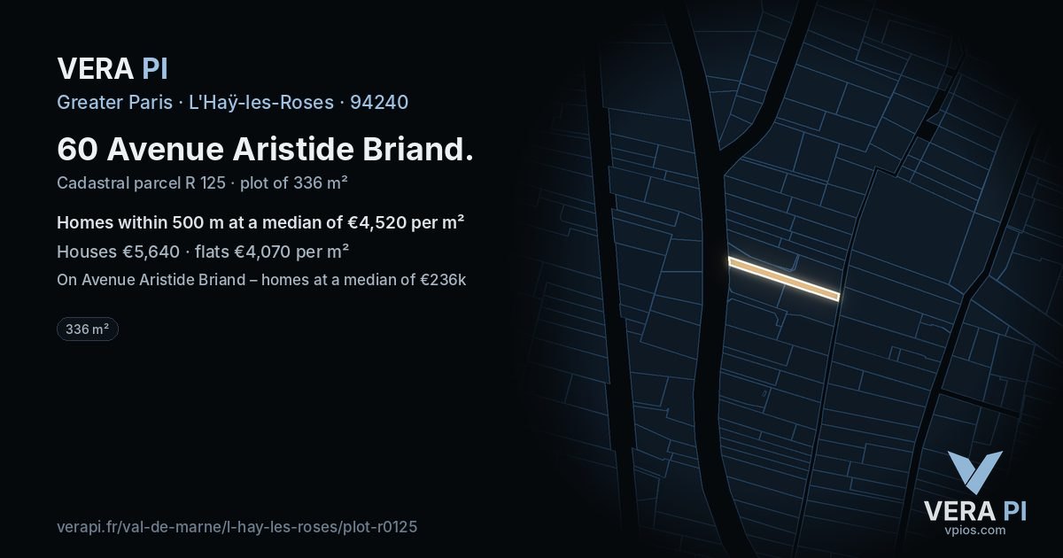 60 Avenue Aristide Briand, L'Haÿ-les-Roses at night – the plot lit, the parcels around coloured by the prices near them