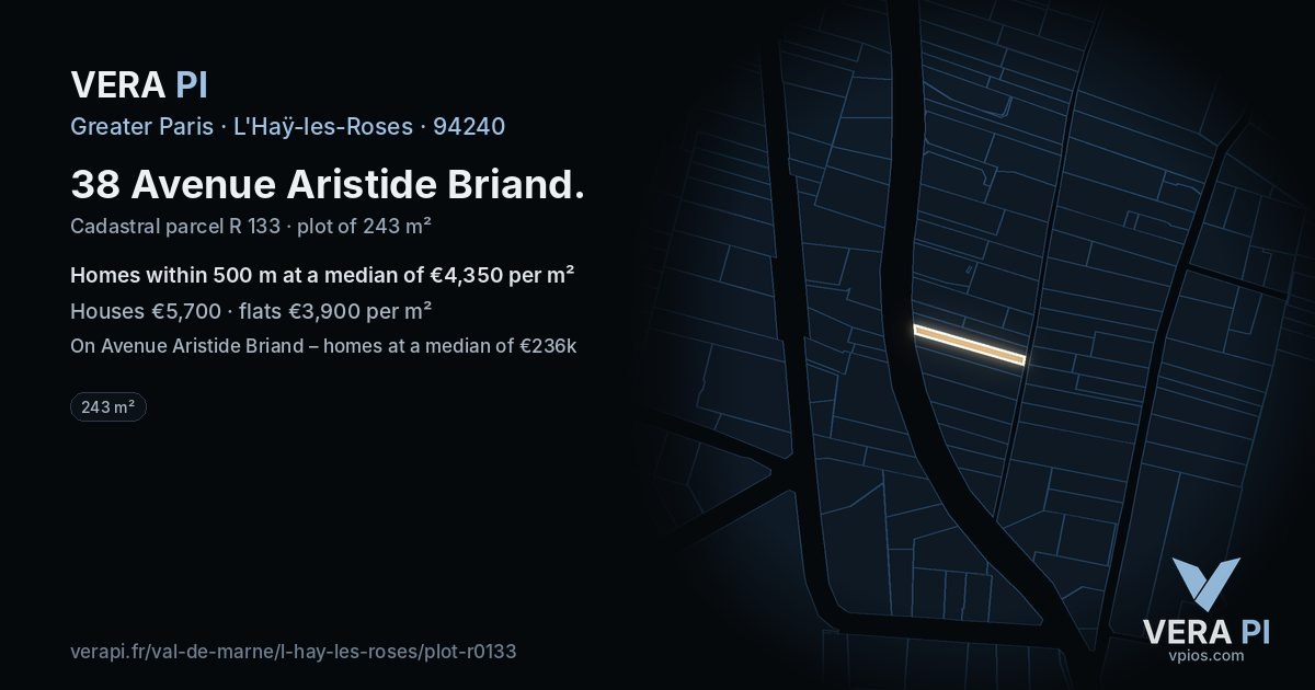 38 Avenue Aristide Briand, L'Haÿ-les-Roses at night – the plot lit, the parcels around coloured by the prices near them