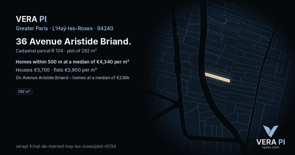 36 Avenue Aristide Briand, L'Haÿ-les-Roses at night – the plot lit, the parcels around coloured by the prices near them
