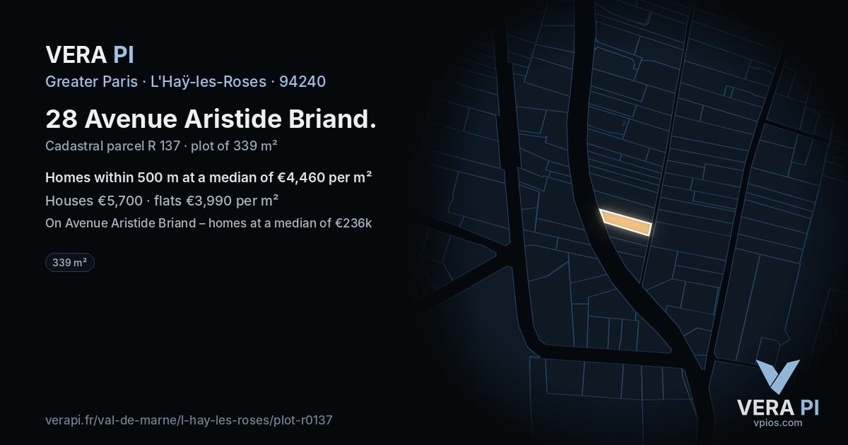 28 Avenue Aristide Briand, L'Haÿ-les-Roses at night – the plot lit, the parcels around coloured by the prices near them