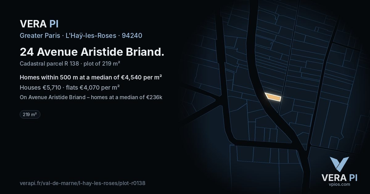 24 Avenue Aristide Briand, L'Haÿ-les-Roses at night – the plot lit, the parcels around coloured by the prices near them
