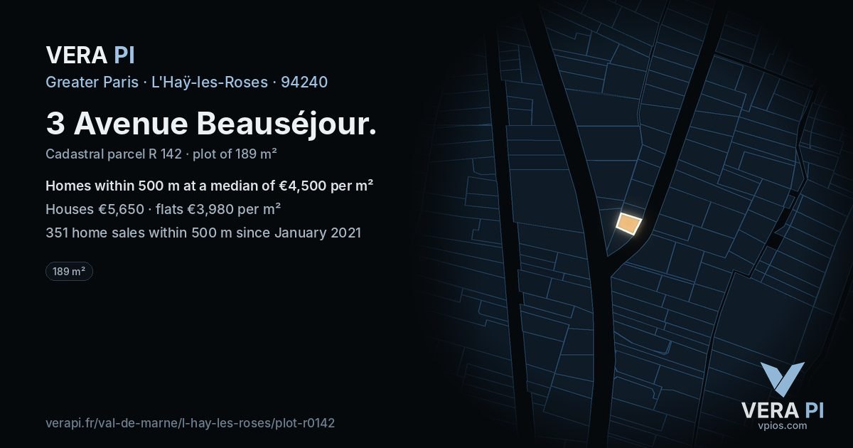 3 Avenue Beauséjour, L'Haÿ-les-Roses at night – the plot lit, the parcels around coloured by the prices near them