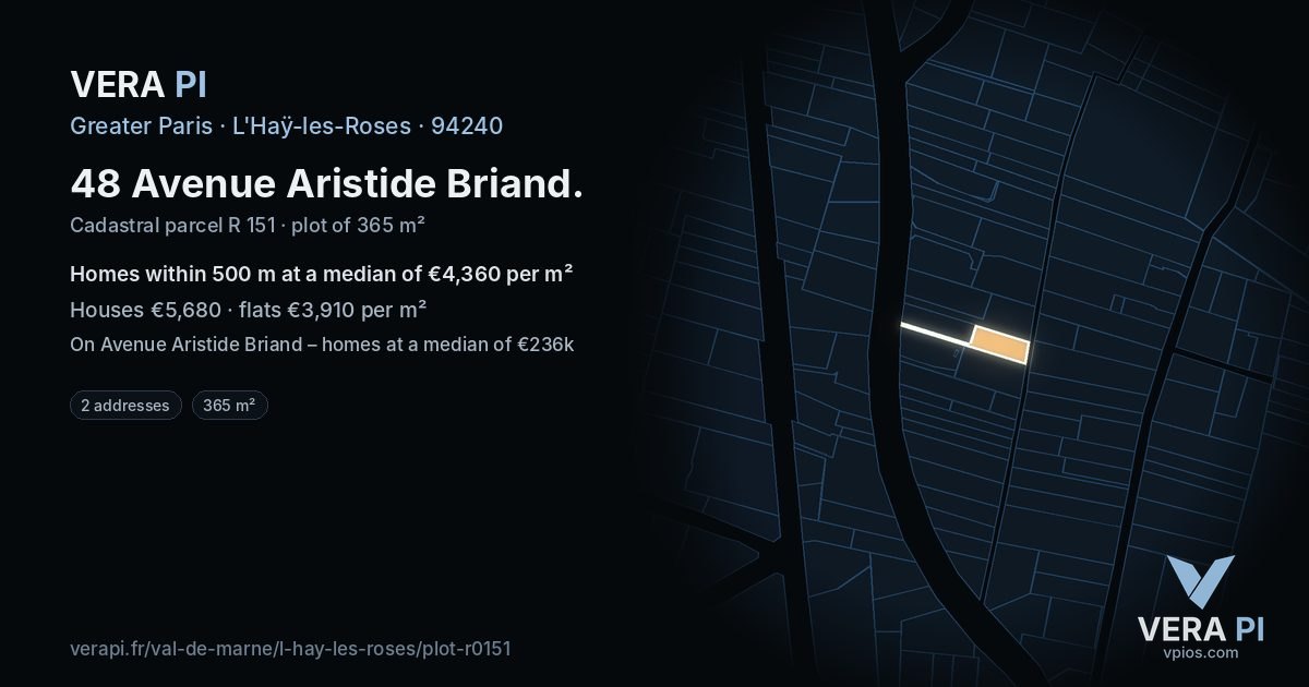 48 Avenue Aristide Briand, L'Haÿ-les-Roses at night – the plot lit, the parcels around coloured by the prices near them