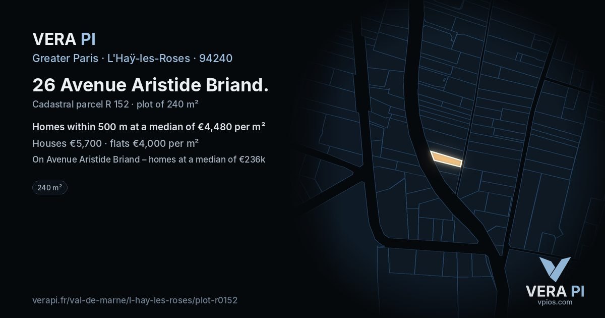 26 Avenue Aristide Briand, L'Haÿ-les-Roses at night – the plot lit, the parcels around coloured by the prices near them