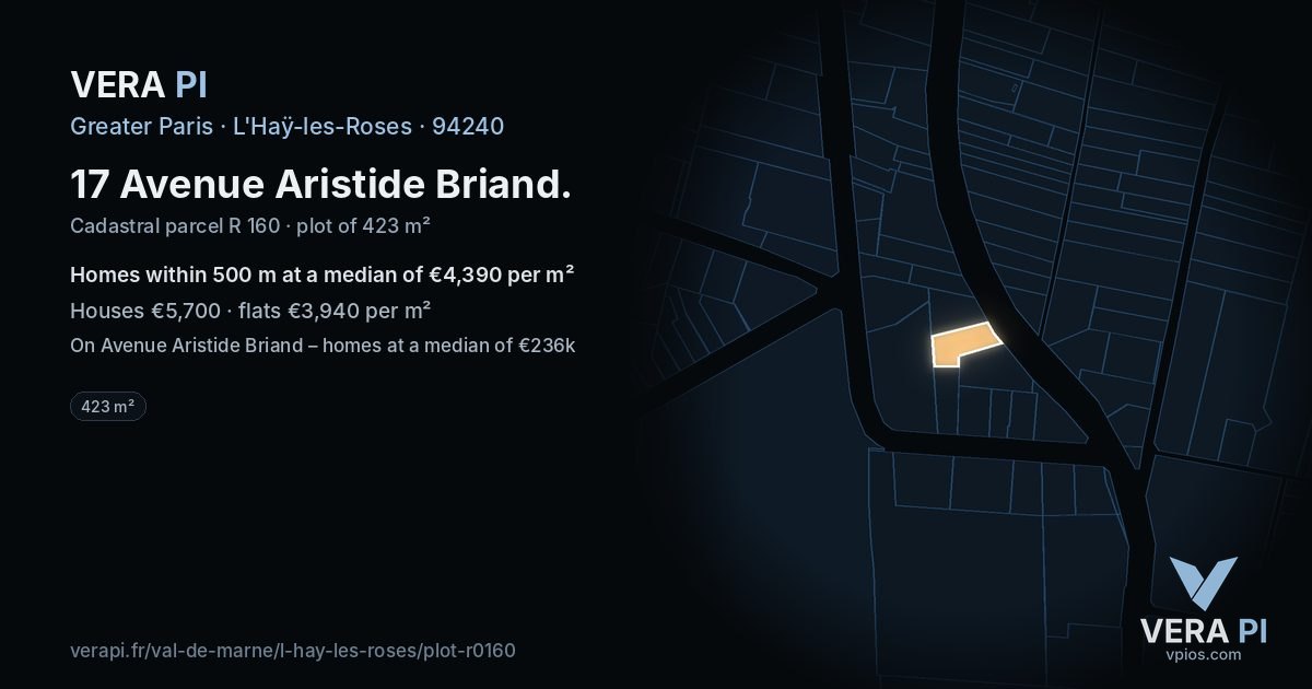 17 Avenue Aristide Briand, L'Haÿ-les-Roses at night – the plot lit, the parcels around coloured by the prices near them