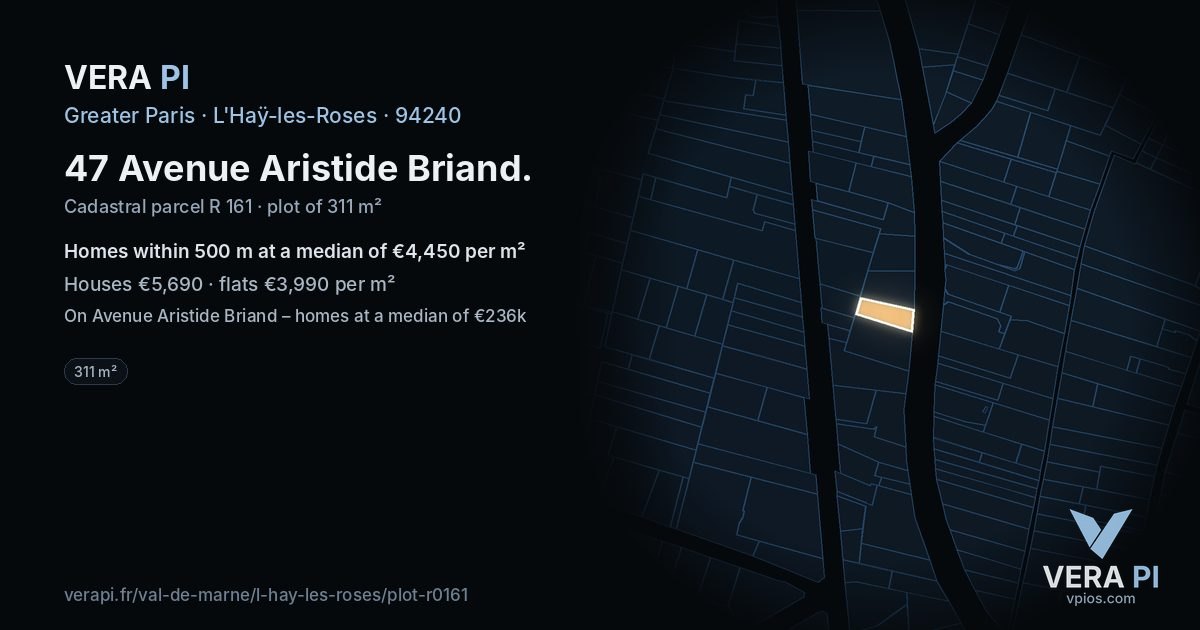 47 Avenue Aristide Briand, L'Haÿ-les-Roses at night – the plot lit, the parcels around coloured by the prices near them