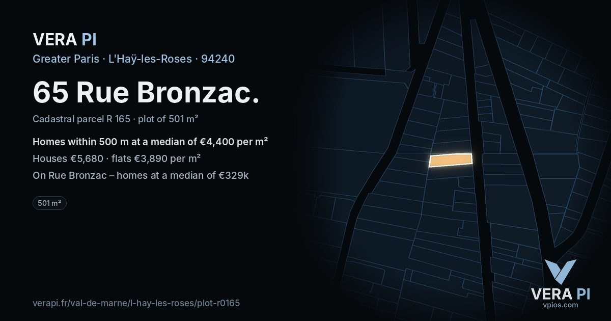 65 Rue Bronzac, L'Haÿ-les-Roses at night – the plot lit, the parcels around coloured by the prices near them
