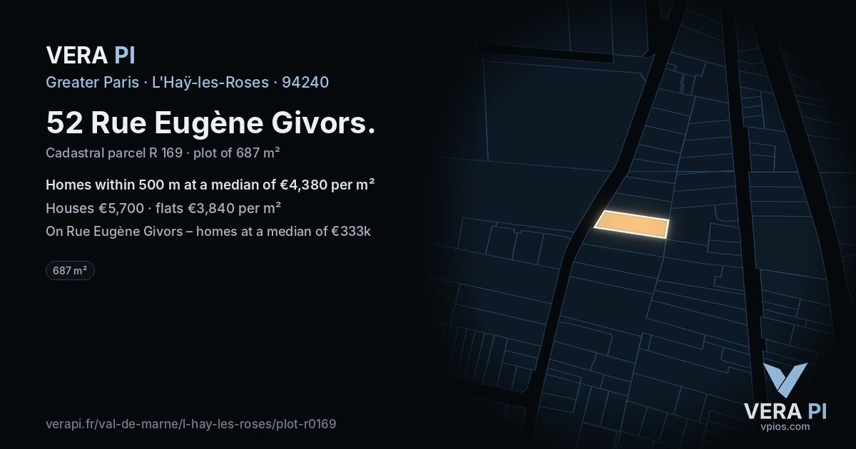 52 Rue Eugène Givors, L'Haÿ-les-Roses at night – the plot lit, the parcels around coloured by the prices near them