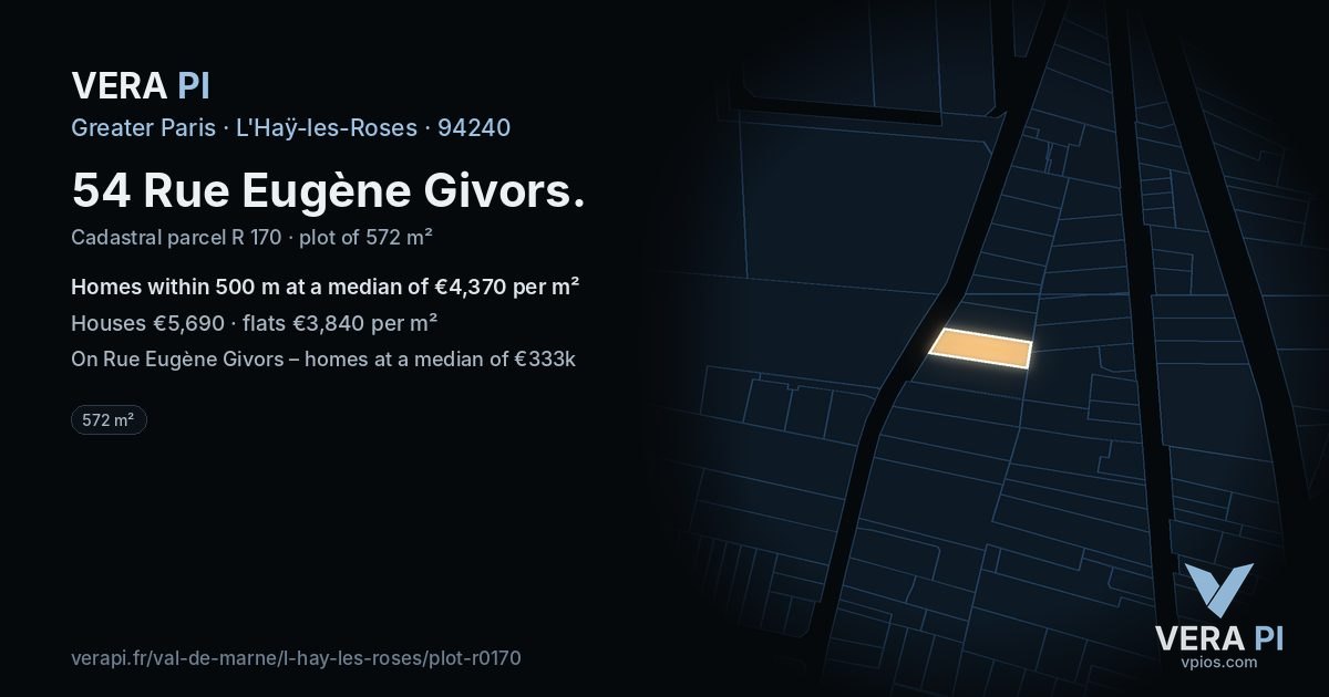 54 Rue Eugène Givors, L'Haÿ-les-Roses at night – the plot lit, the parcels around coloured by the prices near them