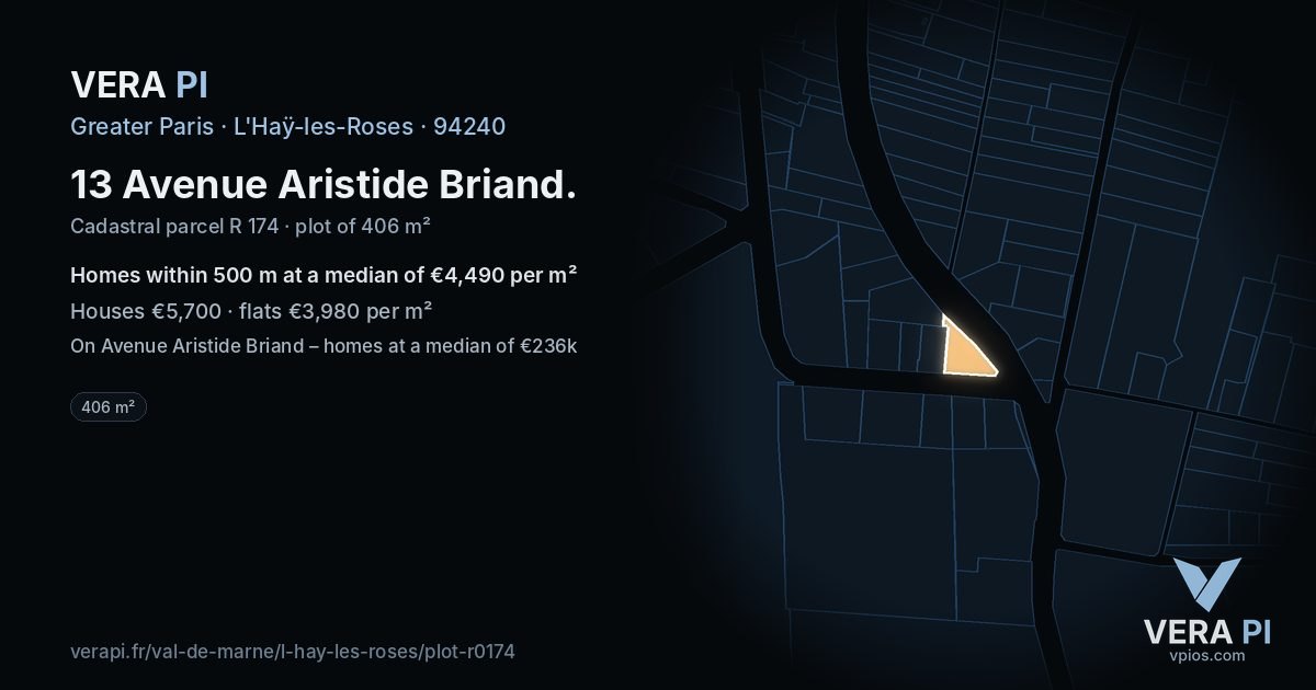 13 Avenue Aristide Briand, L'Haÿ-les-Roses at night – the plot lit, the parcels around coloured by the prices near them
