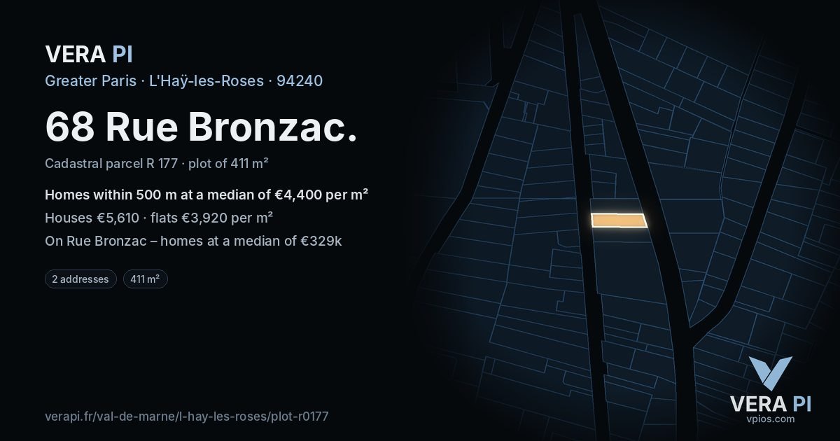68 Rue Bronzac, L'Haÿ-les-Roses at night – the plot lit, the parcels around coloured by the prices near them