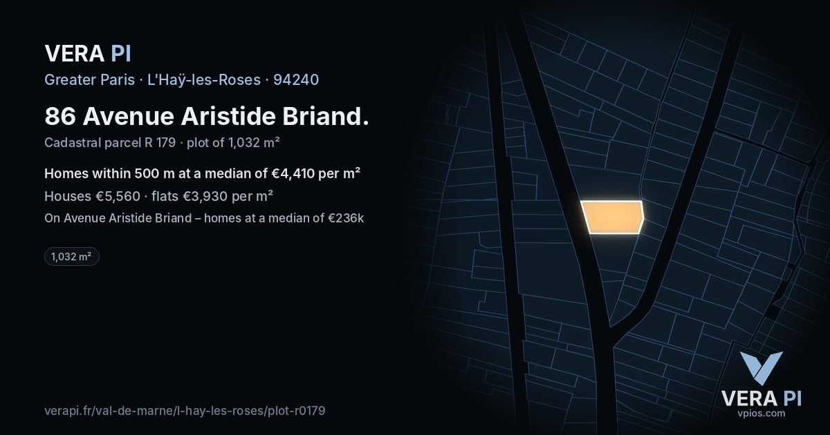 86 Avenue Aristide Briand, L'Haÿ-les-Roses at night – the plot lit, the parcels around coloured by the prices near them