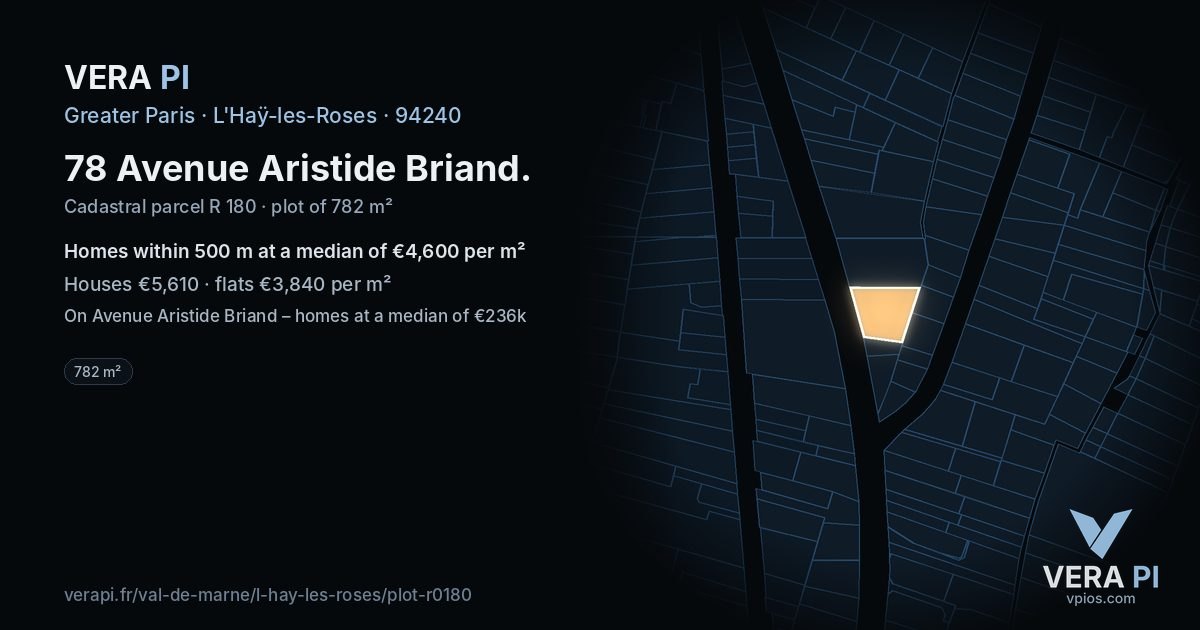 78 Avenue Aristide Briand, L'Haÿ-les-Roses at night – the plot lit, the parcels around coloured by the prices near them