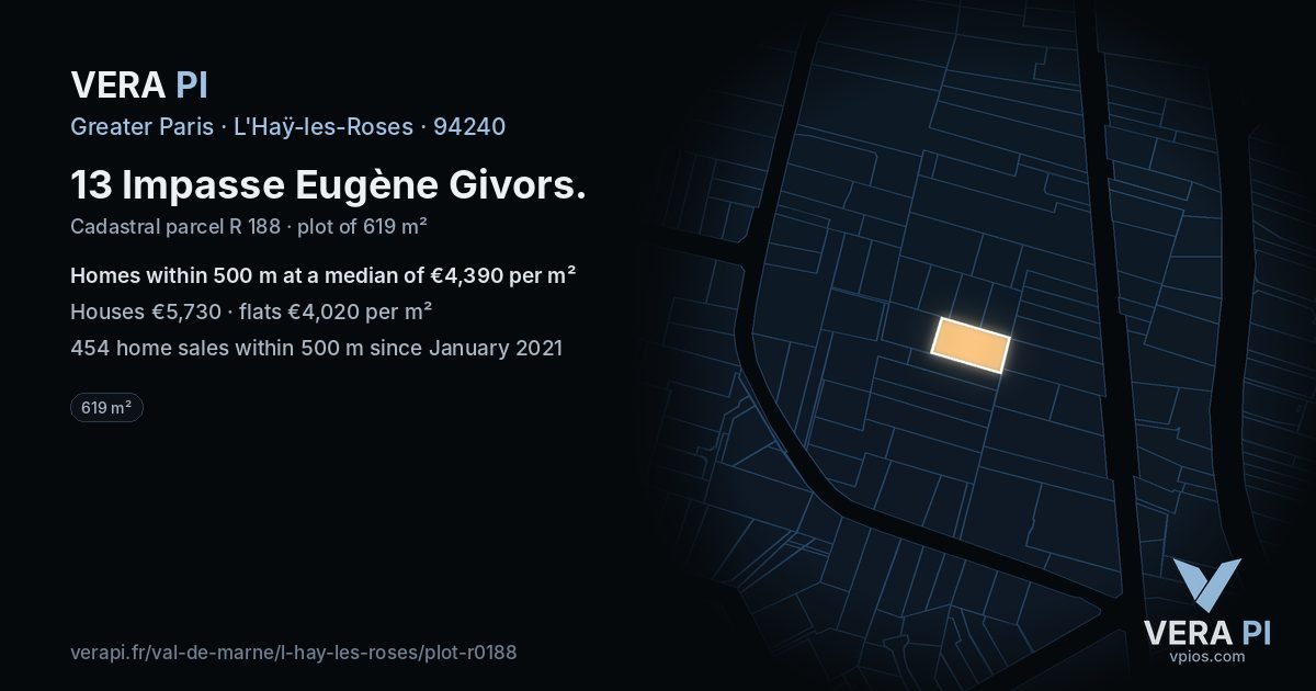 13 Impasse Eugène Givors, L'Haÿ-les-Roses at night – the plot lit, the parcels around coloured by the prices near them