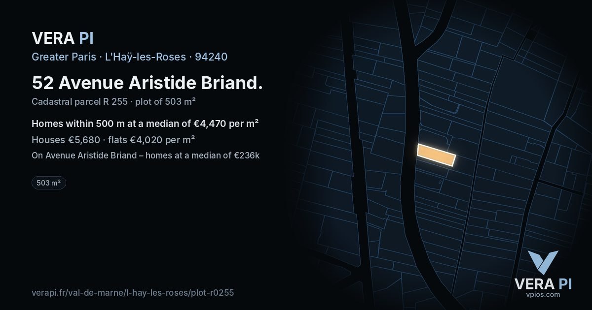 52 Avenue Aristide Briand, L'Haÿ-les-Roses at night – the plot lit, the parcels around coloured by the prices near them