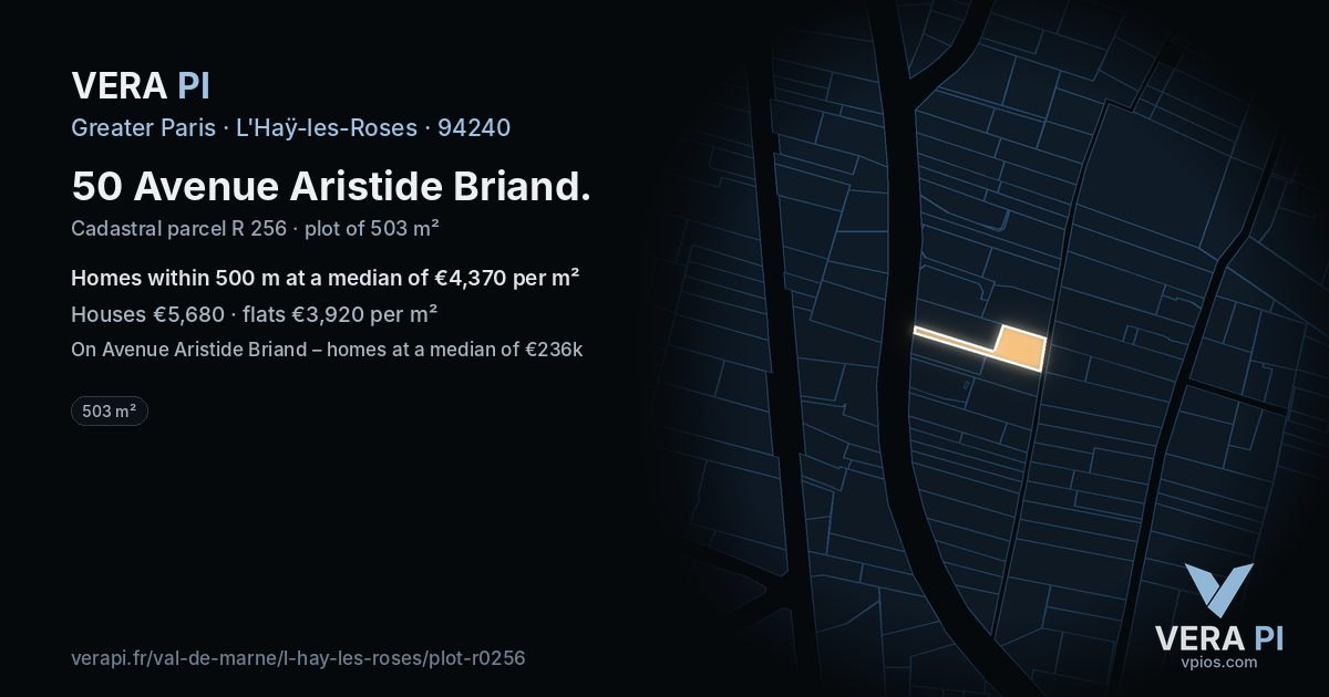 50 Avenue Aristide Briand, L'Haÿ-les-Roses at night – the plot lit, the parcels around coloured by the prices near them