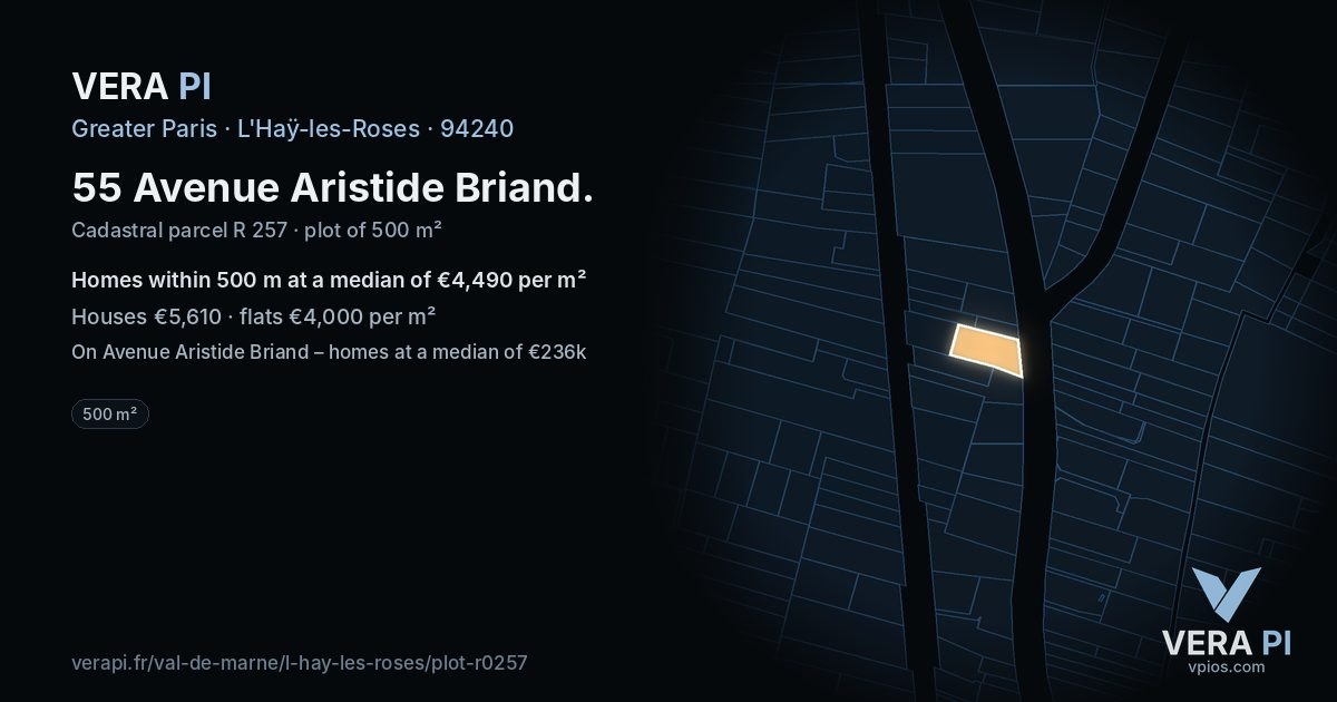 55 Avenue Aristide Briand, L'Haÿ-les-Roses at night – the plot lit, the parcels around coloured by the prices near them