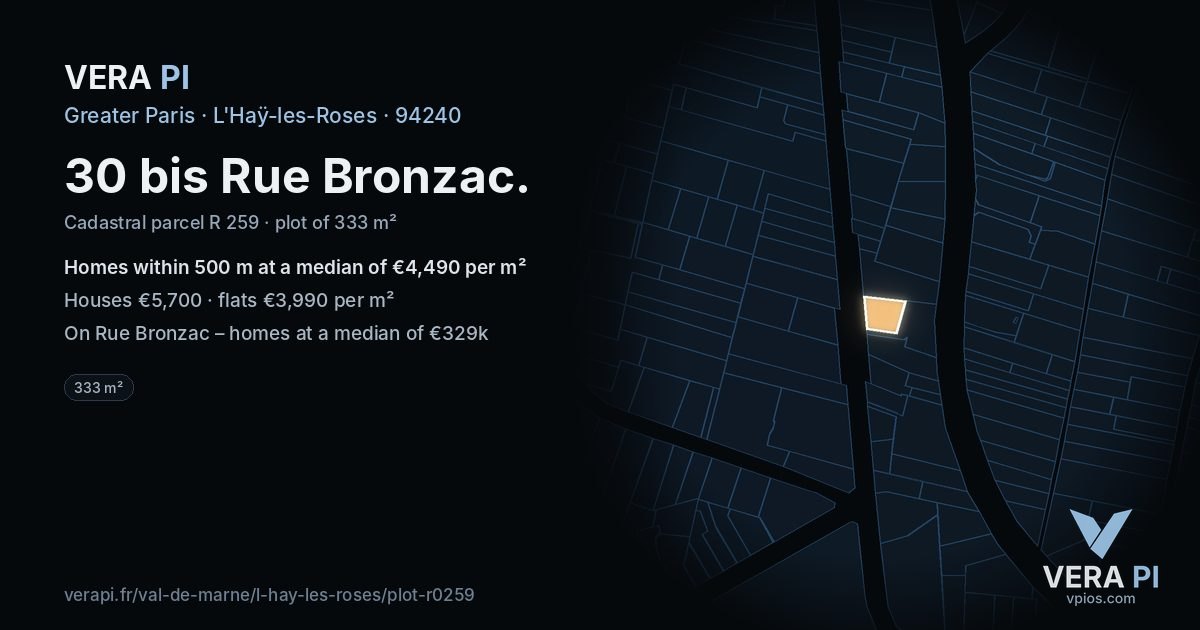 30 bis Rue Bronzac, L'Haÿ-les-Roses at night – the plot lit, the parcels around coloured by the prices near them