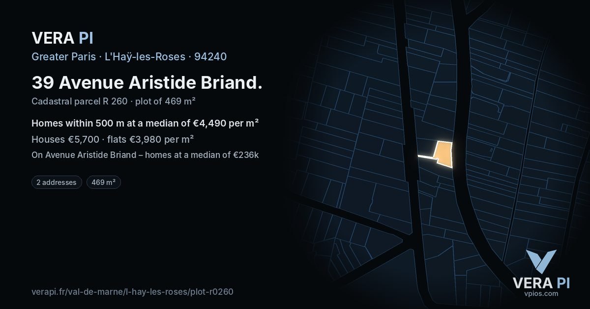 39 Avenue Aristide Briand, L'Haÿ-les-Roses at night – the plot lit, the parcels around coloured by the prices near them