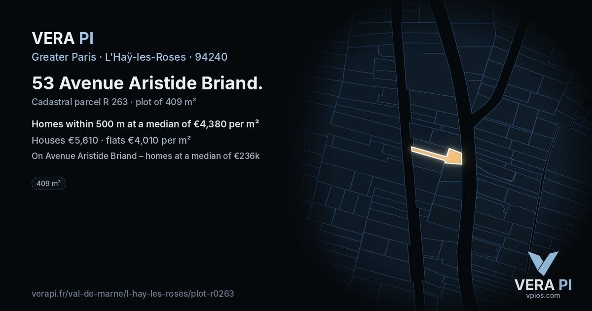 53 Avenue Aristide Briand, L'Haÿ-les-Roses at night – the plot lit, the parcels around coloured by the prices near them