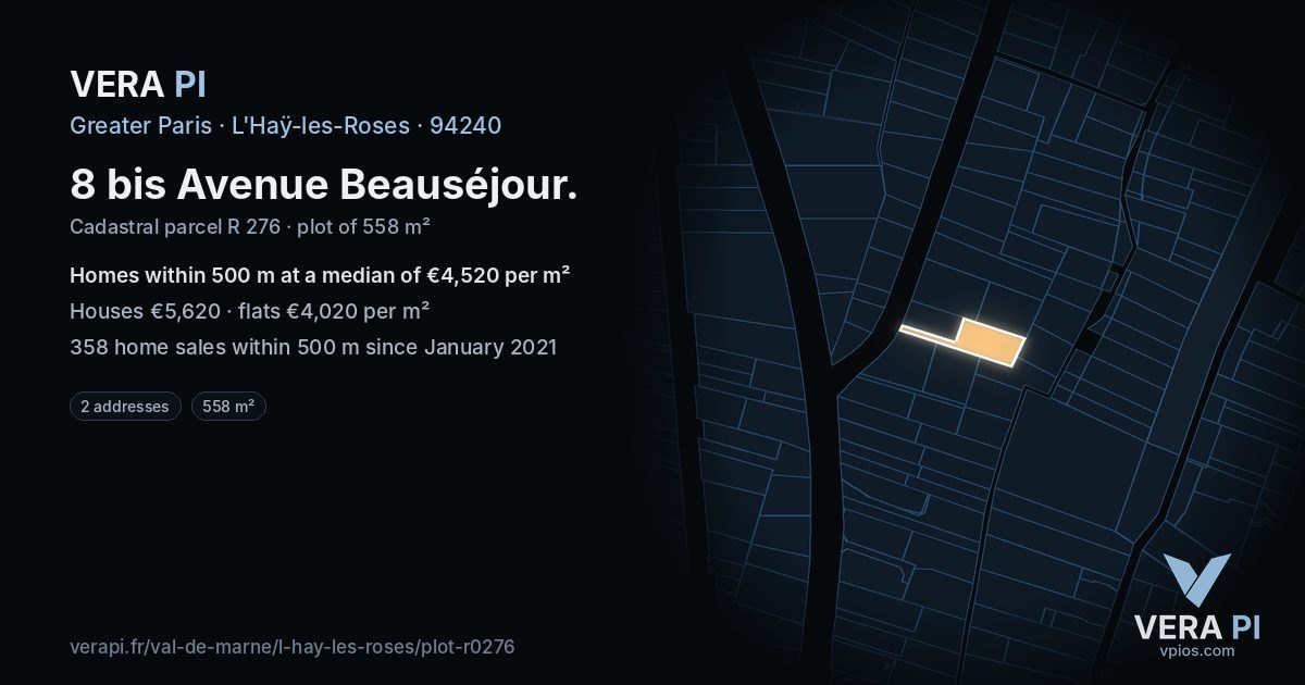 8 bis Avenue Beauséjour, L'Haÿ-les-Roses at night – the plot lit, the parcels around coloured by the prices near them